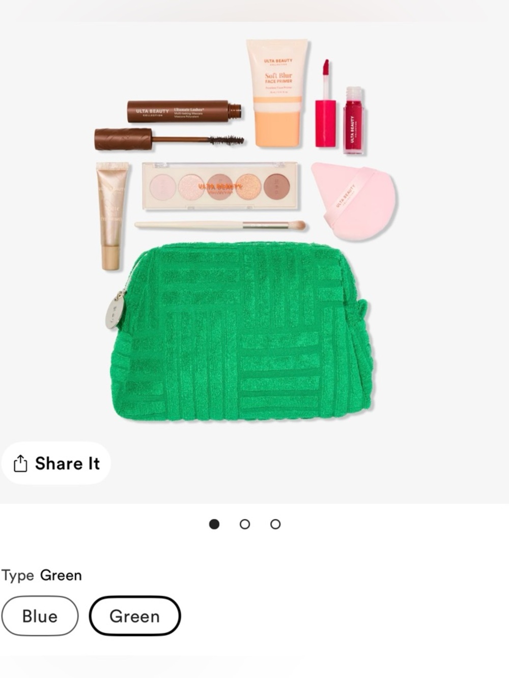ULTA Plush Green Makeup Pouch with Geometric Texture (includes all makeup)